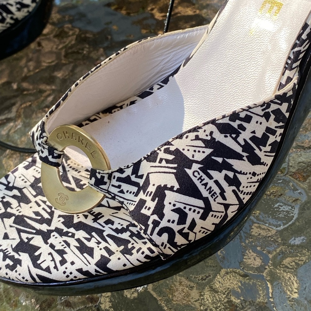 Chanel Vintage Black & White Logo Wedge Strappy Heels - Picture 10 of 16